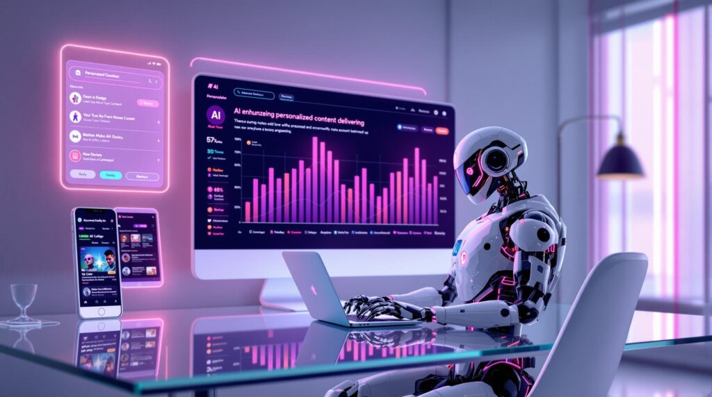 An AI-enhanced dashboard showcasing personalized content being delivered to different devices—smartphone, tablet, and desktop with a retro futuristic robot with neon accents, position elegantly working on a laptop at a sleek glass office desk.