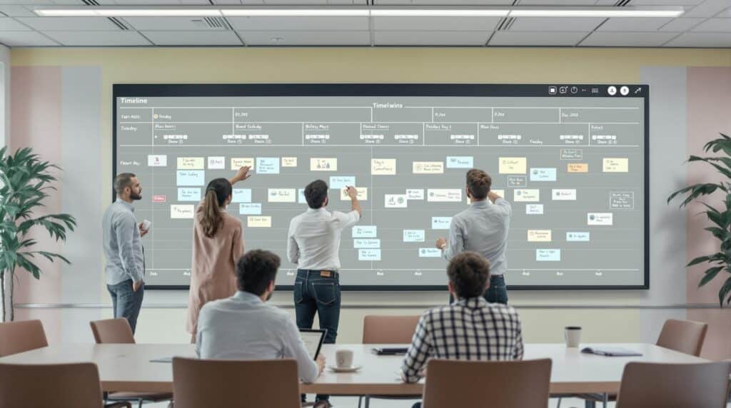 a team of professionals collaboratively working on a large digital timeline displayed across a conference room wall