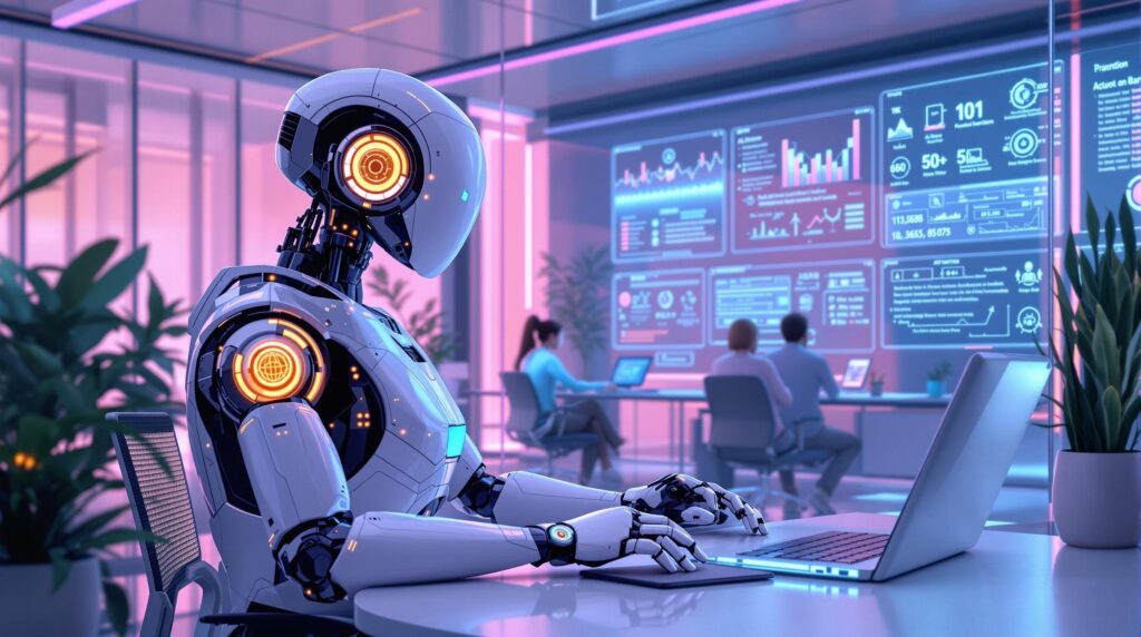 advanced AI robot and diverse group members featuring interfaces for automating tasks and AI summarization strategies