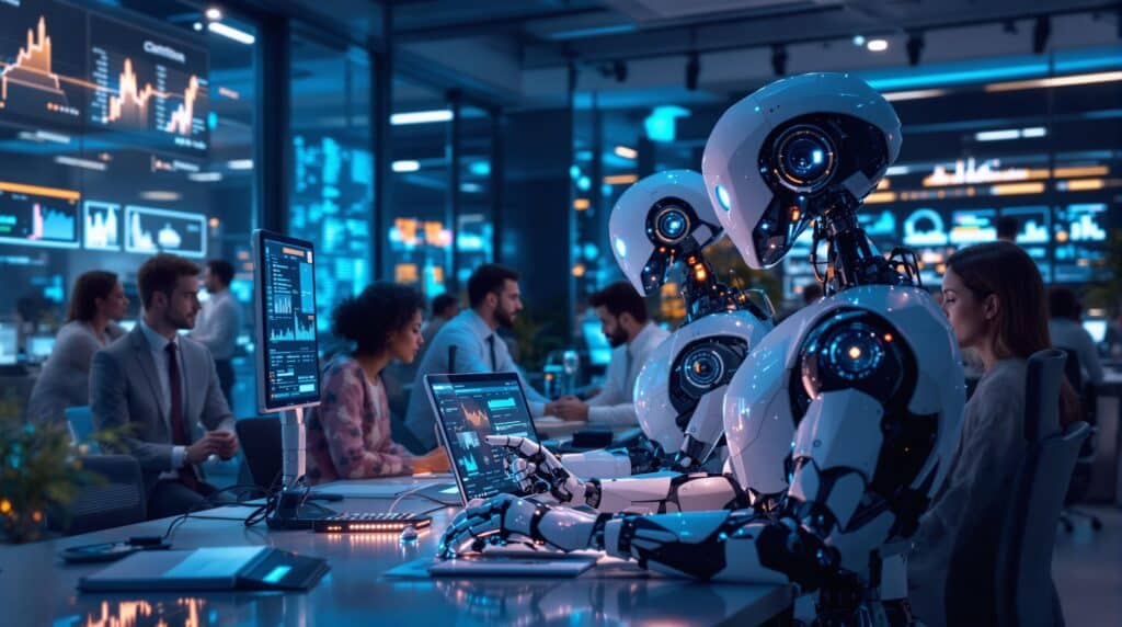 AI robots collaborating with a diverse team in a modern office and digital screens displaying data analytics