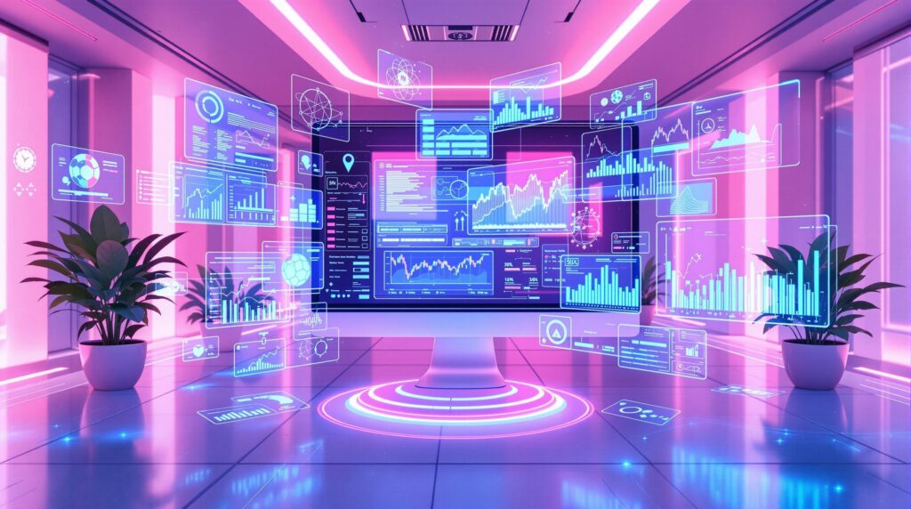 a futuristic digital workspace where complex datasets, scientific diagrams, and financial charts float in holographic displays