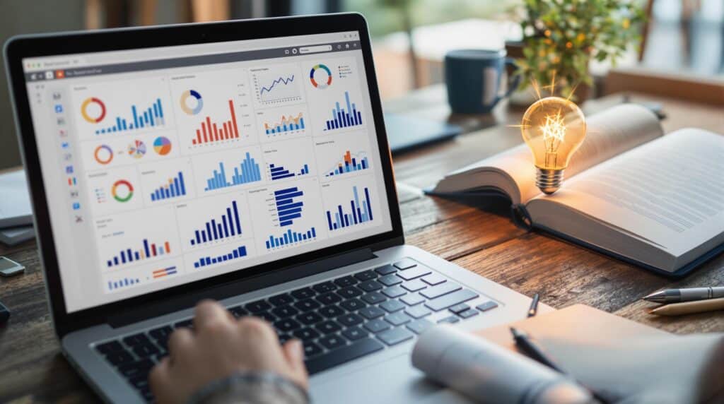 An image of a workspace with focus on a laptop screen displaying detailed graphs and charts, alongside open notebooks with insights written down. Include visual elements like a light bulb to symbolize new ideas and understanding, emphasizing the practical application of gained insights.