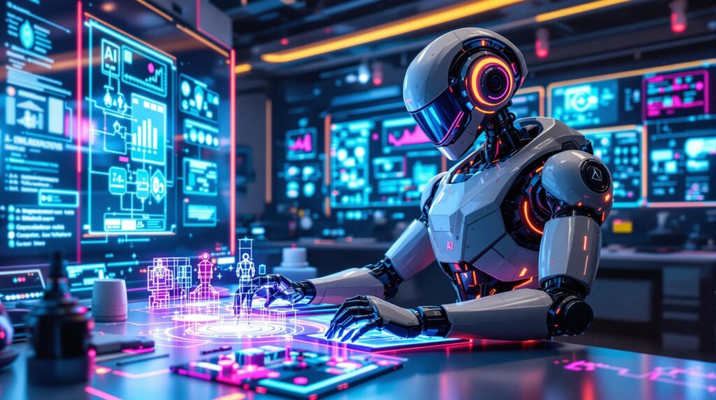 A  retro futuristic robot with neon accents working in a modern tech lab, collaboratively developing and strategizing for future AI technologies. The environment should be filled with holographic displays, 3D models of AI systems, and planning boards, signifying preparation for AI advancements and innovation.