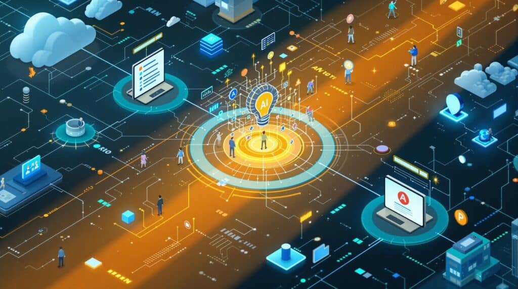An illustration of AI technology navigating through a network of compliance challenges, showcasing how artificial intelligence identifies and resolves policy breaches with precision and speed.