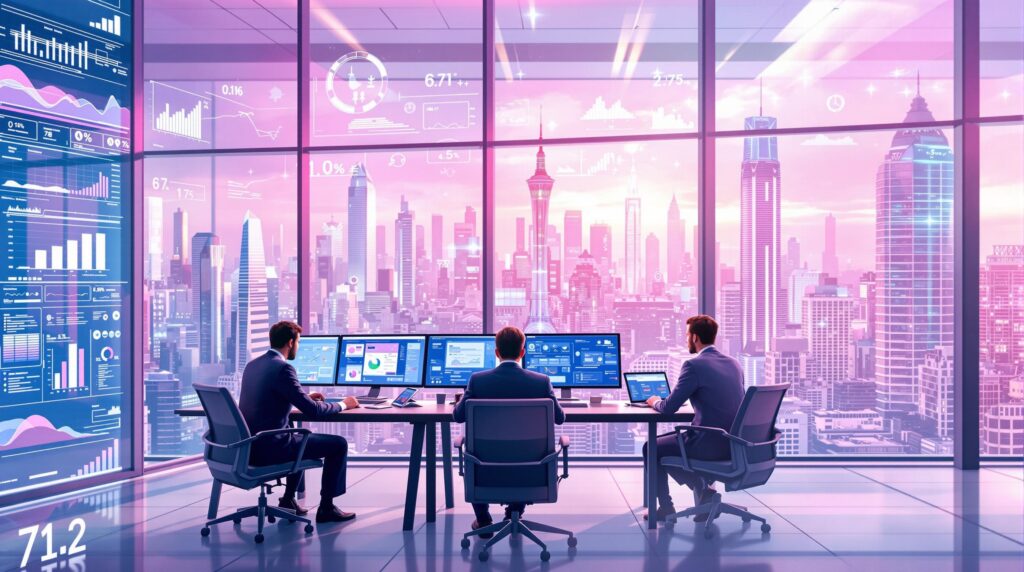a diverse team of business professionals intensely analyzing complex data displayed on multiple sleek computer screens