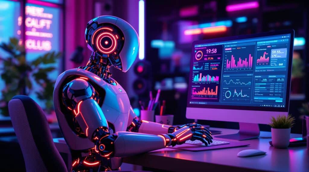 innovative workspace featuring a high tech robot using AI software on a computer 