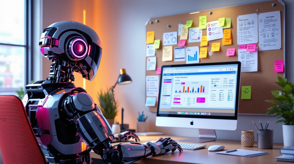 a robot looking into clutter-free workspace with a sleek computer displaying a project management dashboard