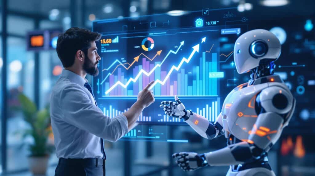 A business professional and a futuristic robot analyzing growth charts on a large digital screen, showcasing upward trends and progress metrics.