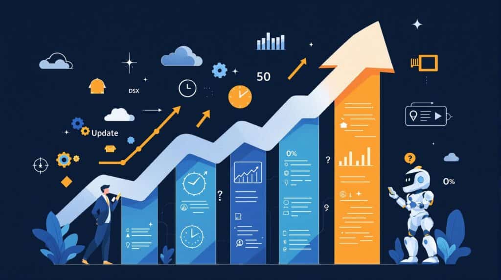 A creative depiction of a growth chart with upward-pointing arrows and digital elements, symbolizing continuous improvement and update processes. 