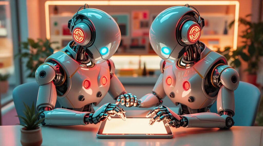two high tech robots master prompt engineering