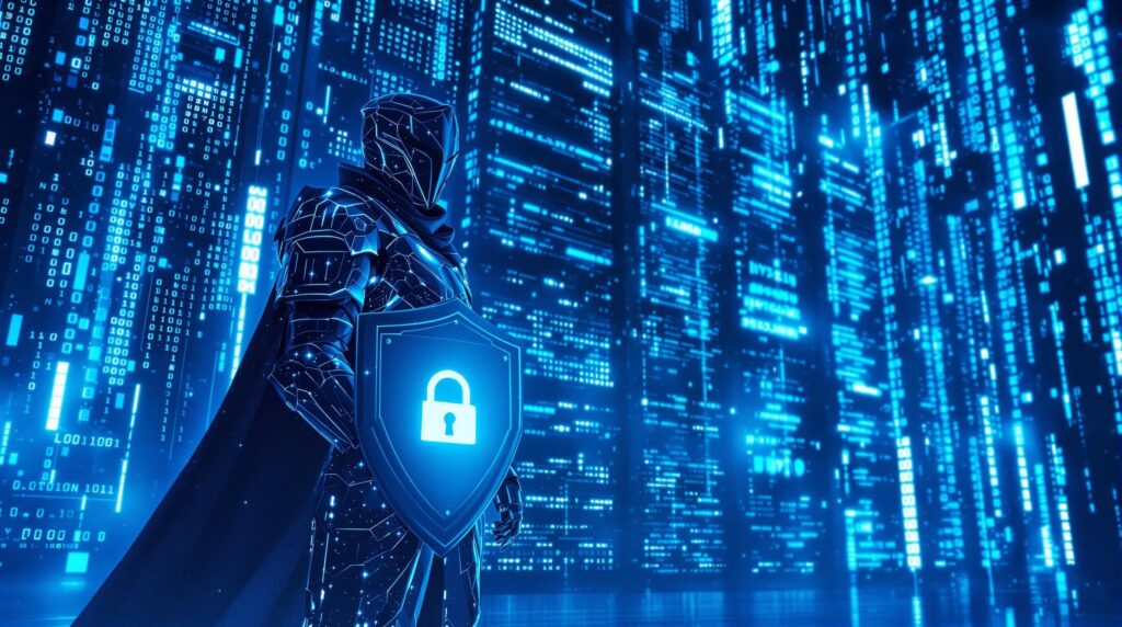 a digital knight with glowing armor and shield emblazoned with a lock symbol, standing in front of a massive data server, surrounded by cascading binary code and firewalls
