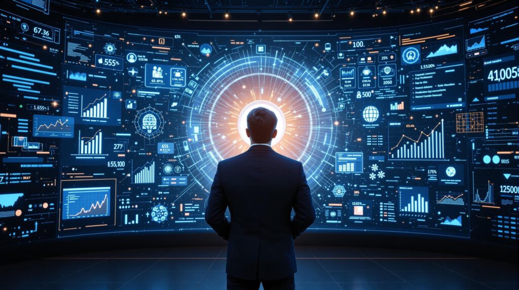 a business leader standing confidently before a digital interface symbolizing the readiness to embrace generative AI. 