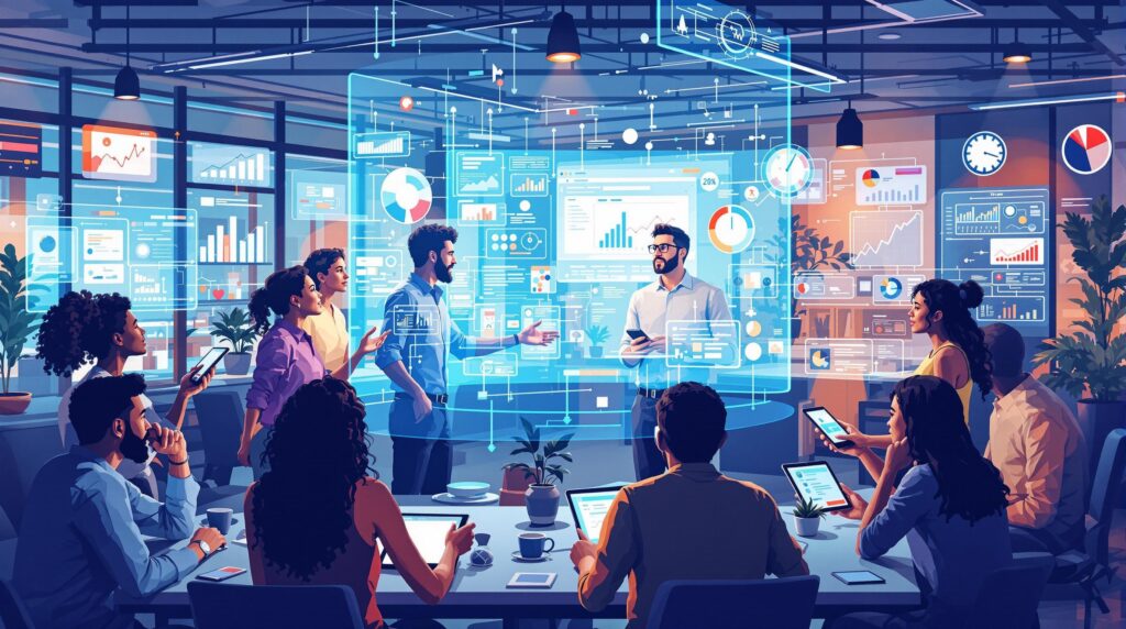 a diverse group of professionals in an interactive workshop actively engaging with real-world examples displayed on holographic screens and digital tablets