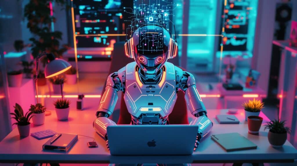 a high tech robot combining multiple technologies using laptop