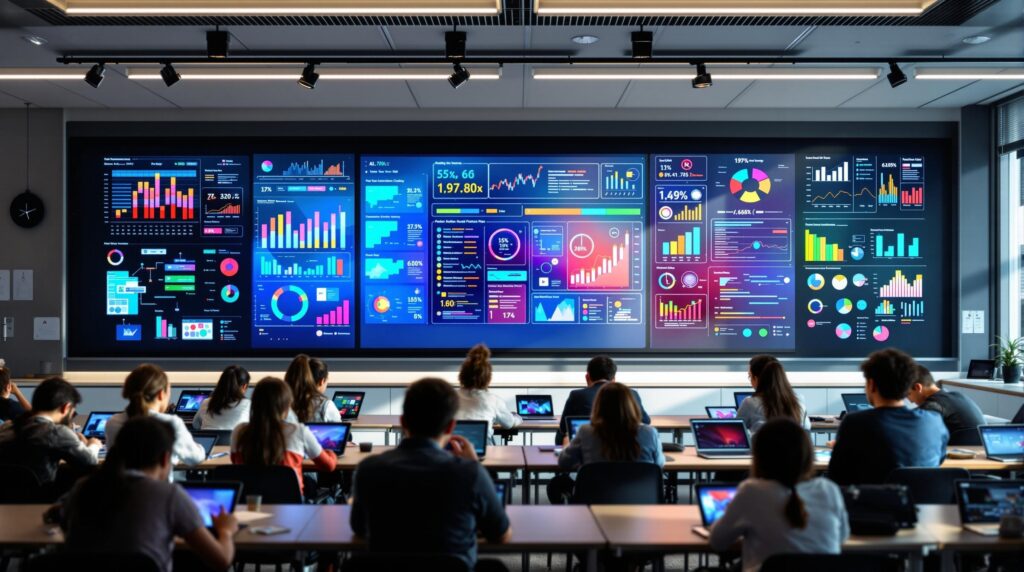 a modern classroom filled with students actively engaged with tablets and laptops and interactive AI-driven data story presentations displayed on a sleek smart board