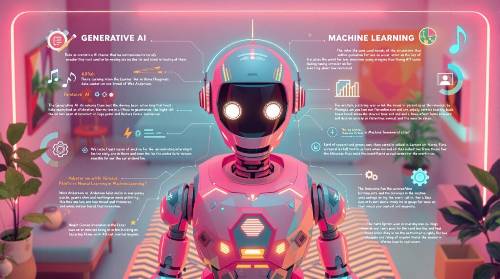 a futuristic robot with an infographic-style visual with icons and symbols