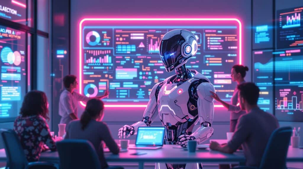 futuristic robot reflecting on digital feedback loops surrounded by team members adjusting strategic plans