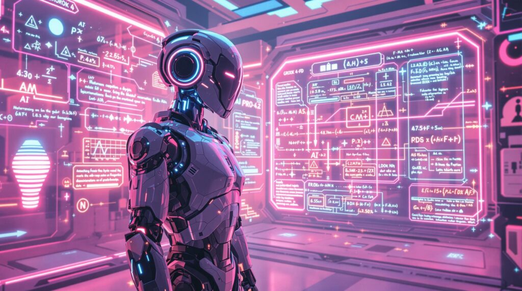 a futuristic robot standing in a high-tech lab surrounded by holographic displays showcasing complex mathematical proofs and logical sequences.