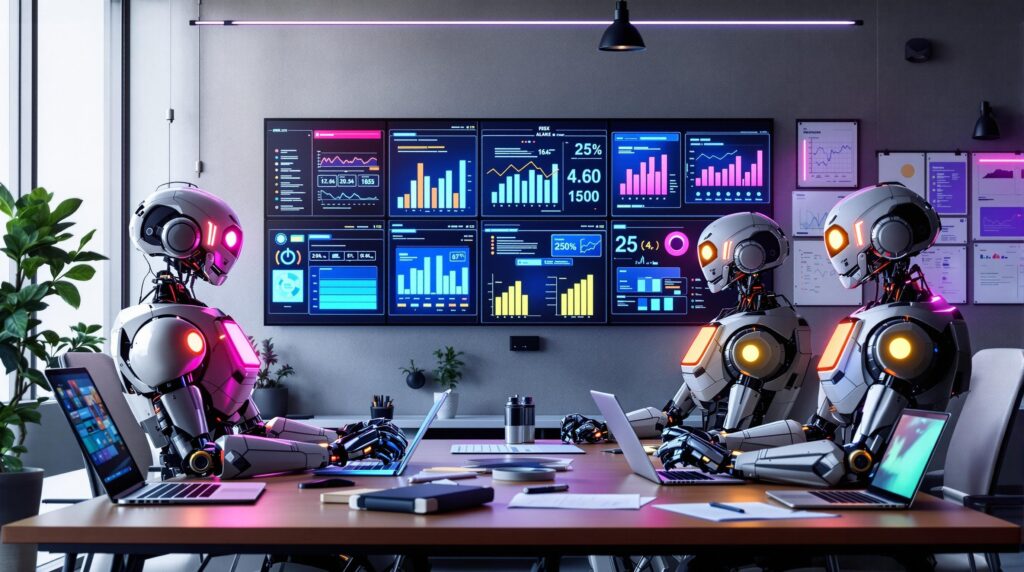A modern office scenario with three futuristic robots analyzing risk management tools displayed on multiple screens. The screens show various graphs, dashboards, and risk assessment charts.