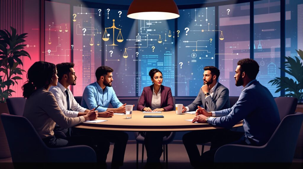 a diverse group of professionals engaged in thoughtful discussion around a round table