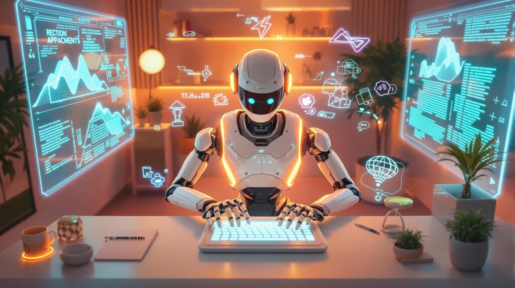 a high tech robot surrounded by holographic displays and typing precise text prompts 