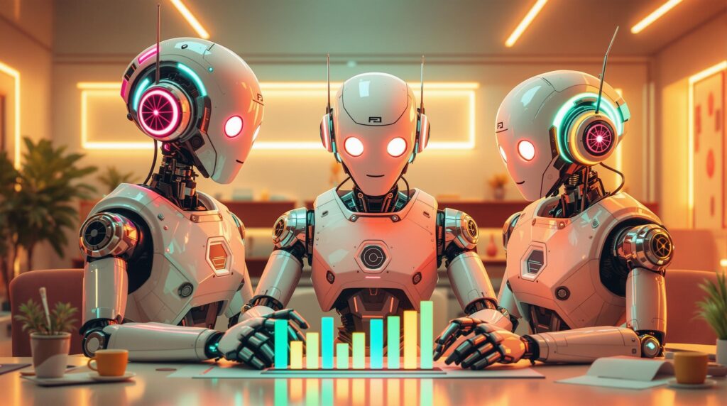 three high tech robots looking at the growth in ai automated content creation