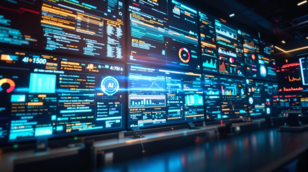 a high-tech control room with multiple screens displaying real-time data and alerts