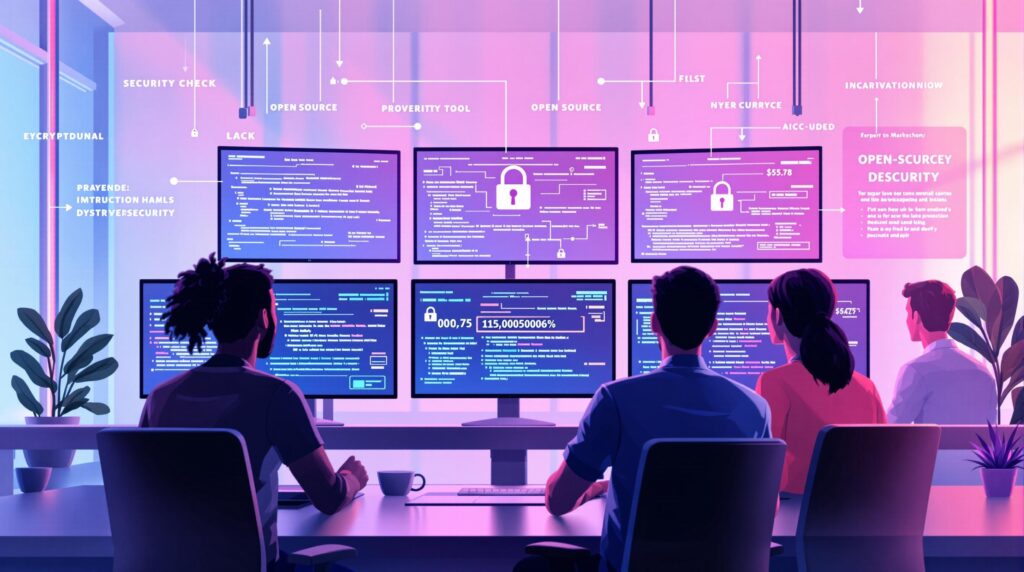 IT security team analyzing data on multiple screens displaying open-source and proprietary tool security checks