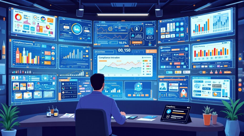 An illustration of a control room filled with digital interfaces, showing various compliance data across multiple screens.