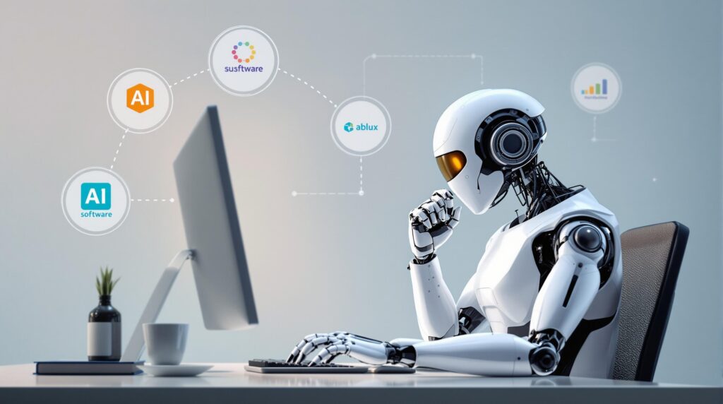 A tech-savvy high tech robot sitting at a desk, deeply focused on their computer screen, with various AI software logos displayed around them, representing the process of selecting AI readability software.