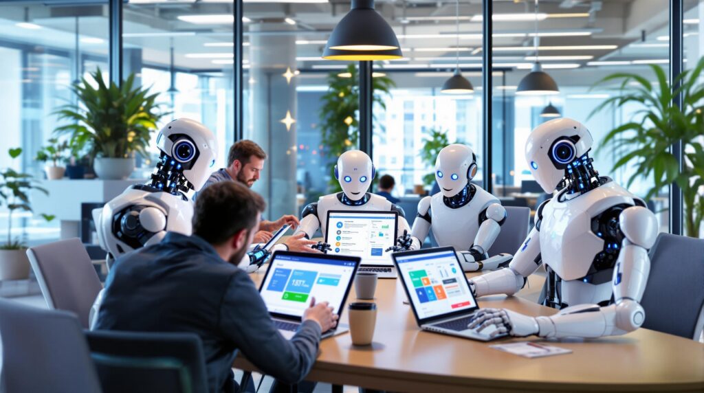 A modern office setting with team members and robots gathered around a table, each focusing on different digital tablets and laptops displaying various AI tool interfaces.