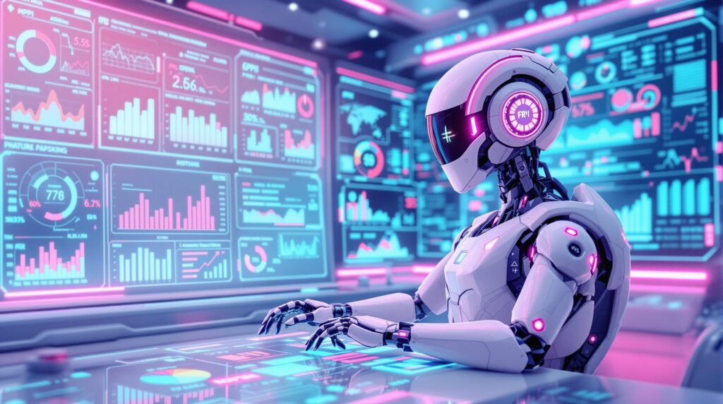 futuristic robot analyzing digital dashboards with KPI metrics