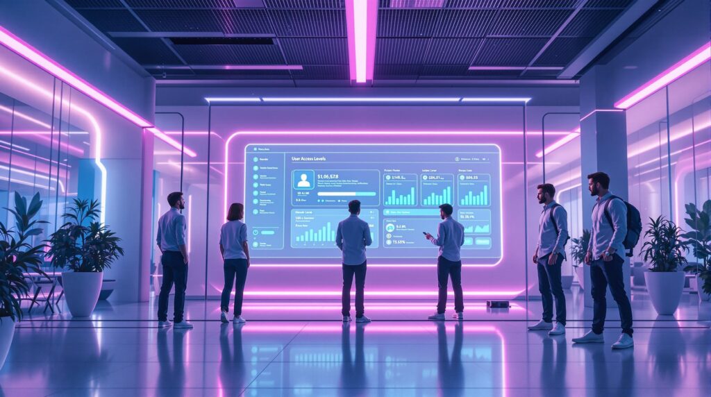 a team of diverse professionals working in a futuristic high-tech workspace displaying user access levels