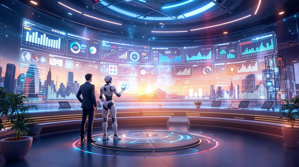 A digital landscape showing a futuristic control room filled with large screens displaying data graphs, AI-powered analytics, and competitor market movements. In the foreground, a professional and a robot is interacting with a holographic interface, analyzing competitor data with AI tools, symbolizing the integration of advanced technology in strategic business planning.