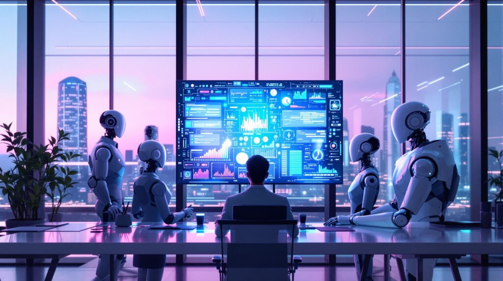a professional and futuristic robots collaborating on AI content monitoring setup