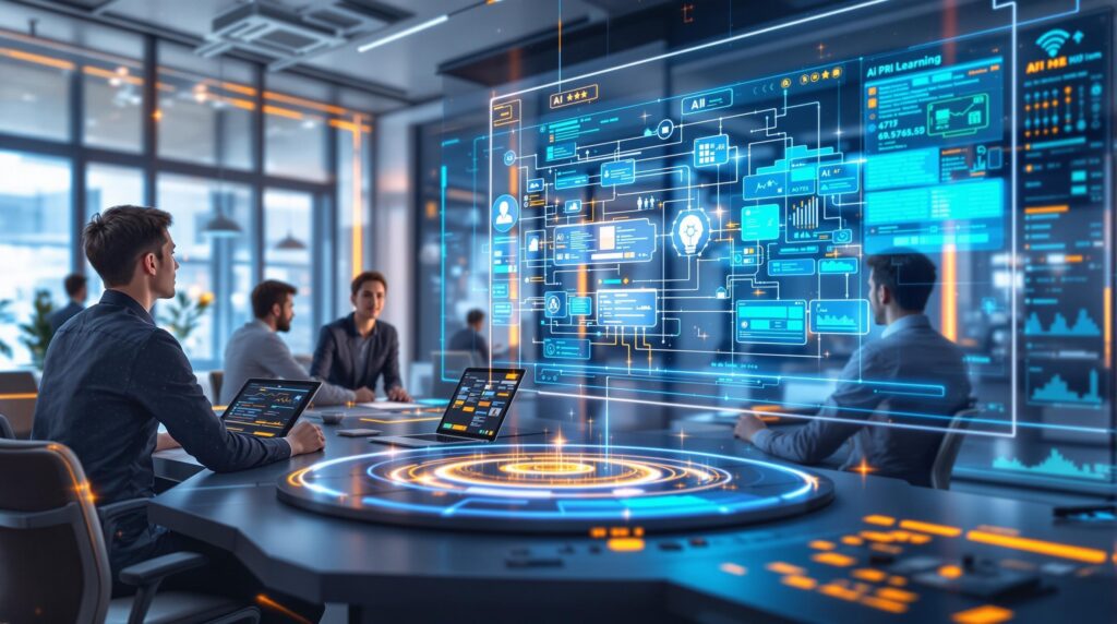 A futuristic office environment where a team configures AI systems on digital interfaces, with holographic displays showing data flow and machine learning algorithms in action, highlighting the setup process of AI curation systems.