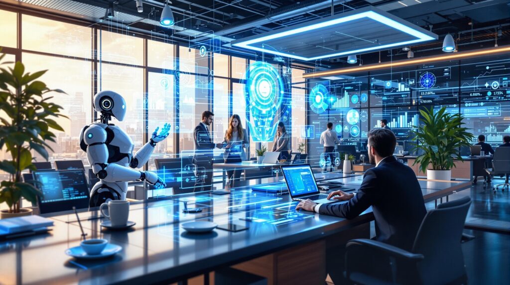 An image of a futuristic office space where business professionals and robots are engaged in setting up AI decision systems, surrounded by holographic displays, data charts, and AI interfaces.