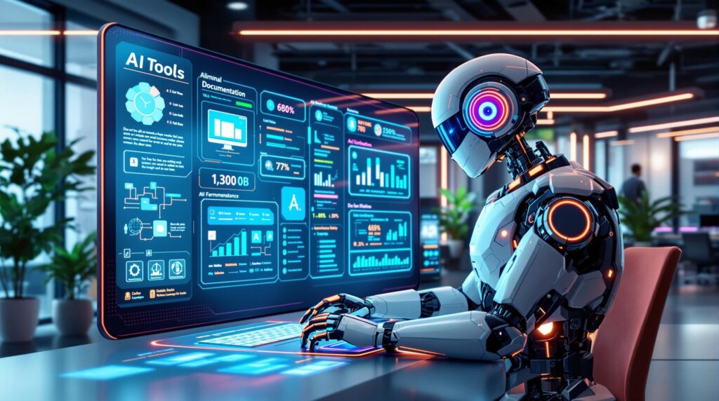 A modern office scene with a retro futuristic robot with neon accents collaborating on a high-tech platform, with digital panels showcasing AI tools, flowcharts, and data visualization representing AI documentation systems.