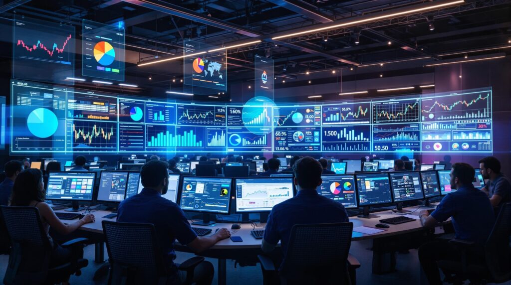 A modern office environment with financial analysts working on AI-enhanced computers displaying real-time financial data visualizations on large, interactive screens.