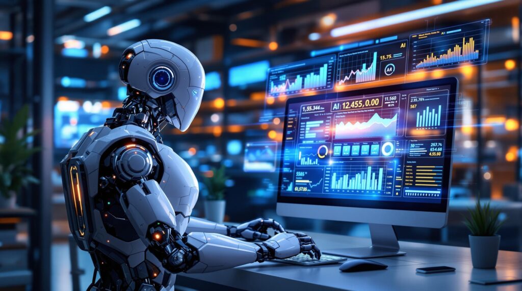 A high tech robot configuring AI forecasting tools on a computer while various data streams and stock graphs are displayed, highlighting technology and innovation in inventory management.
