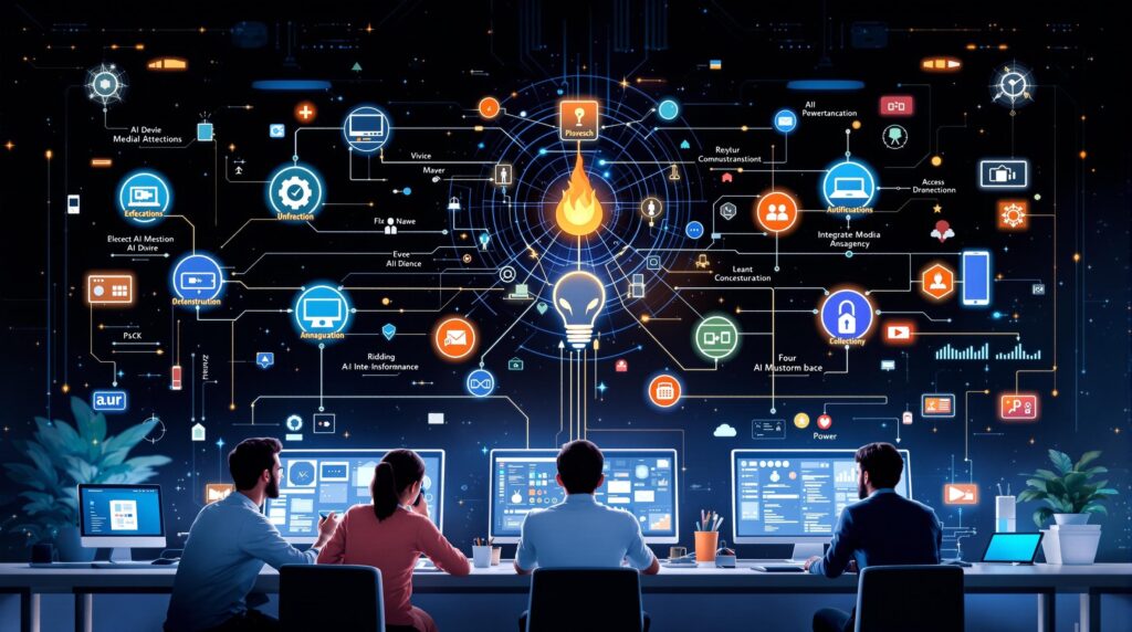 A visual concept of configuring AI media management systems,  featuring a team of diverse professionals analyzing digital media on computer screens.
