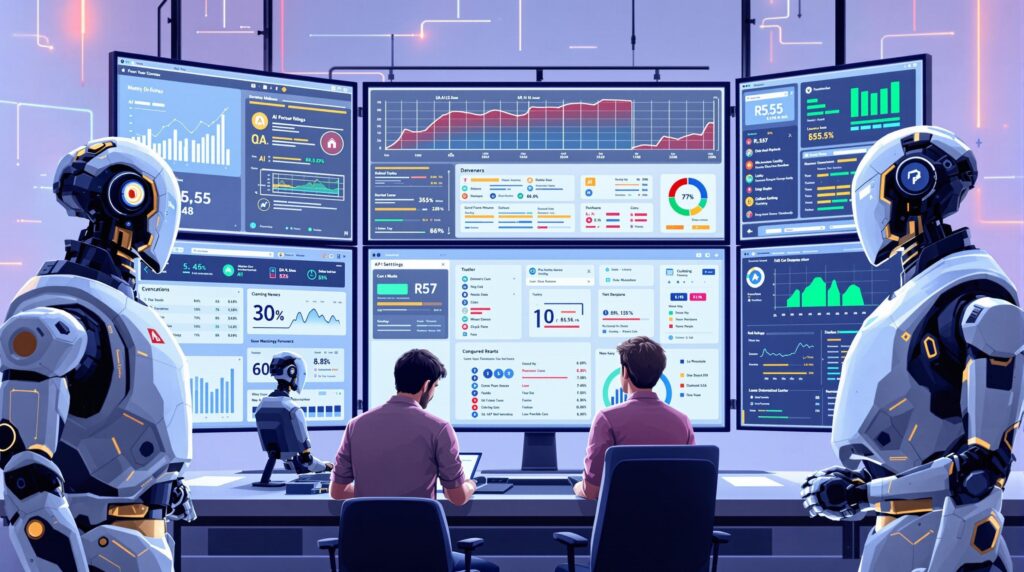 A team of engineers and high tech robots gathered around a digital dashboard, configuring AI-powered QA tools on multiple screens displaying software metrics and settings.