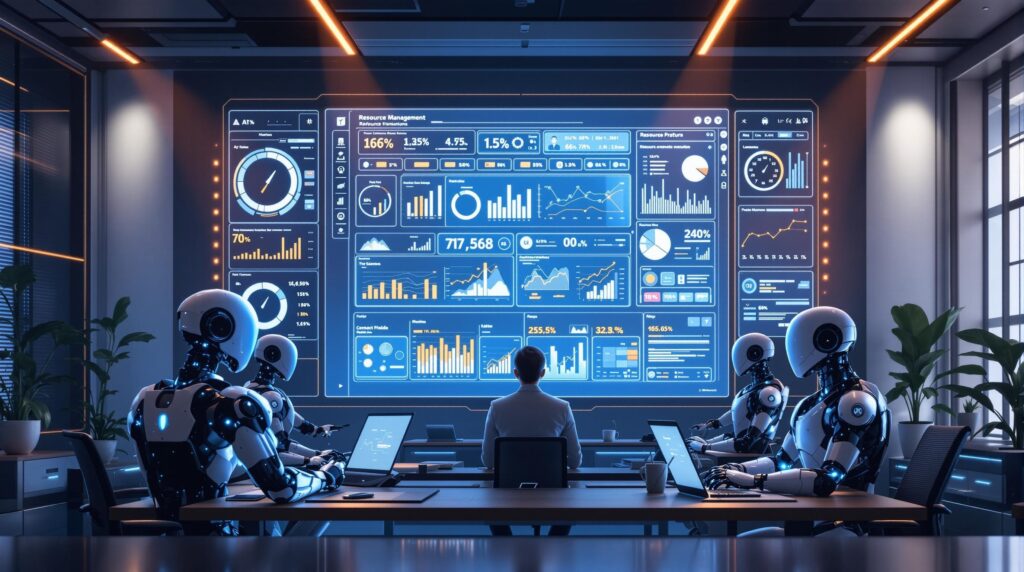 A futuristic office setting with a large digital screen displaying a complex AI-driven resource management dashboard, showing graphs, charts, and data analysis as team member and futuristic robots collaborate around a desk.