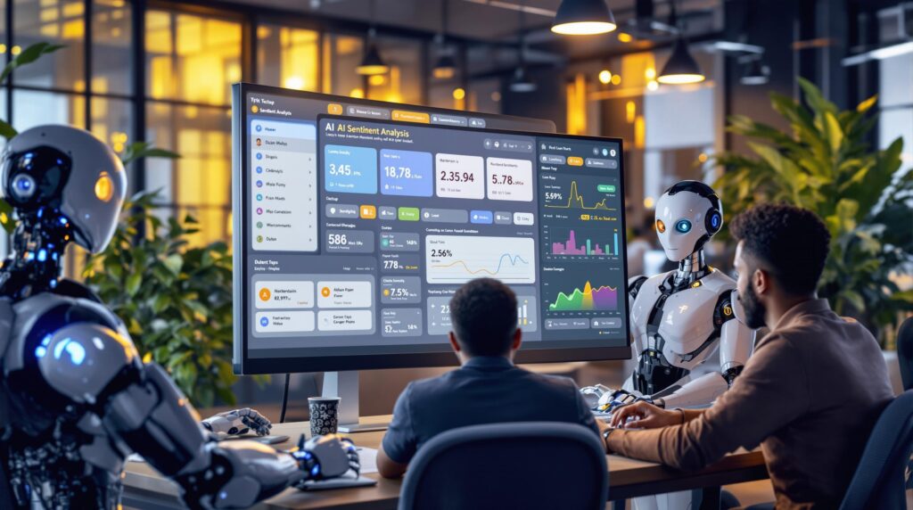 A modern workspace with a team of professionals and futuristic robots gathered around a computer screen, collaboratively setting up AI sentiment analysis software. 