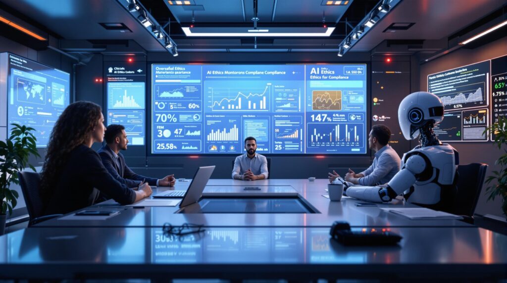 A futuristic office setting with interactive screens displaying metrics and benchmarks for AI ethics compliance.