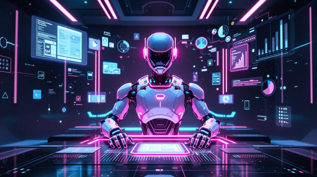futuristic robot positioned at the center surrounded by elements representing AI governance policies