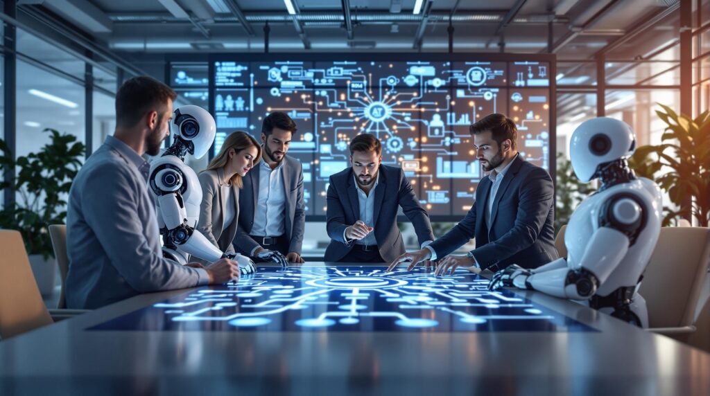 A team of diverse professionals and high tech robots gathered around a large table, examining a complex network diagram on a digital display, symbolizing the integration of human oversight in AI systems.