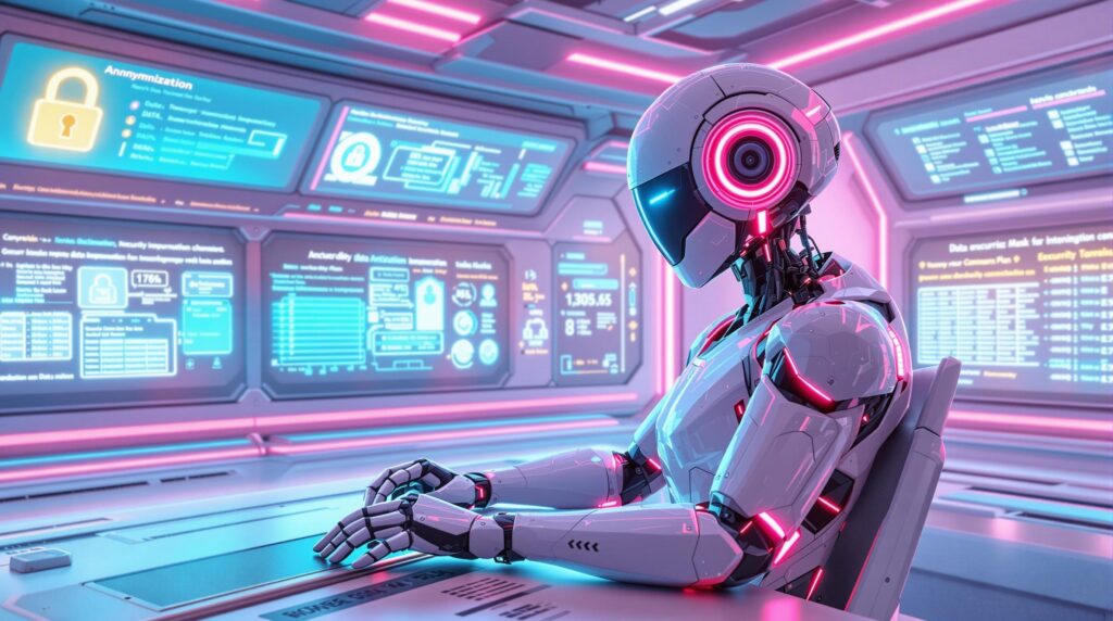 futuristic robot operating in a high-tech control room surrounded by digital panels displaying data anonymization and masking techniques