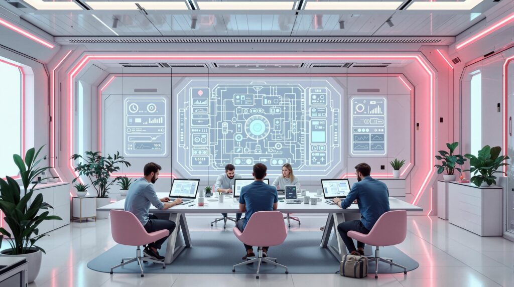a futuristic workspace where a team of engineers collaborates to assemble a modular AI system