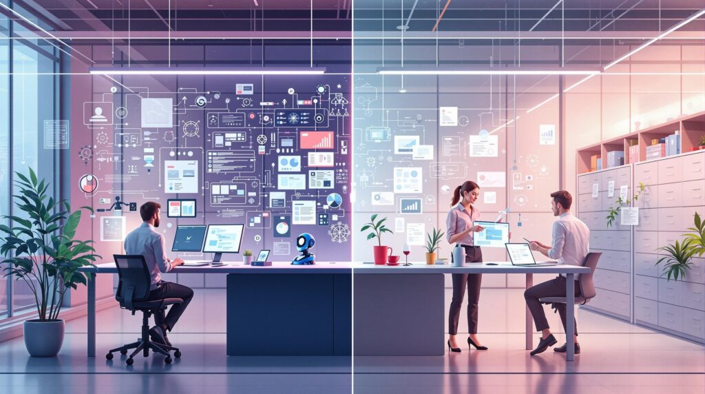 a split-view image showing one side with worker using AI-powered devices and the other side with employees using manual methods